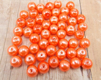 6mm Glass Pearls - Bright Salmon - 75 pieces - Neon Orange