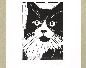 Black and White Tuxedo Cat - Linocut. Original hand pulled Relief Print