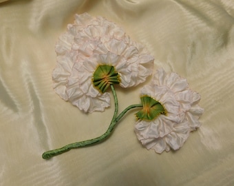 White Ruffled Ribbon Flower Stem Applique