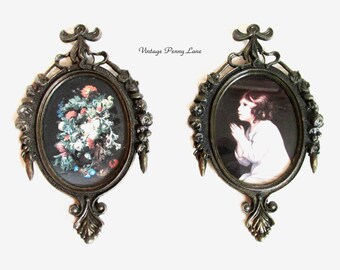 2 Vintage Victorian Syle Art Prints, Fancy Brass Framed
