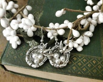 Bird Nest and Pearl Earrings in Antique Silver