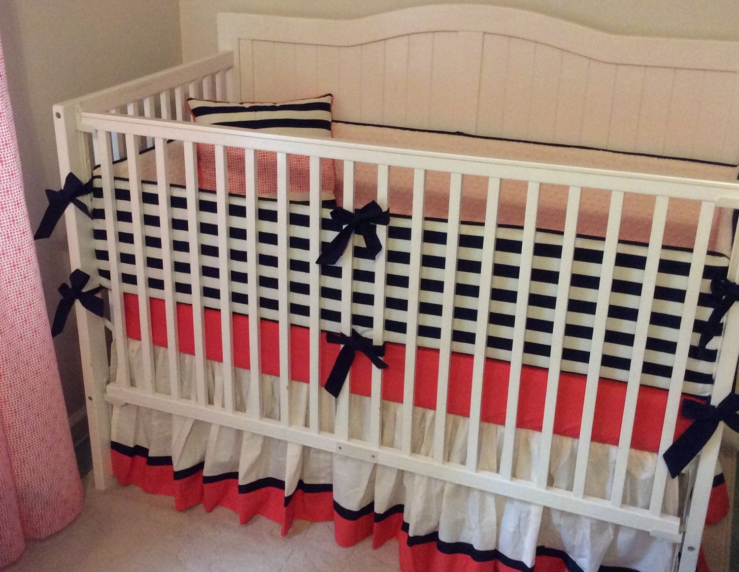 Baby Bedding Crib Set Coral Navy and Cream Made to Order