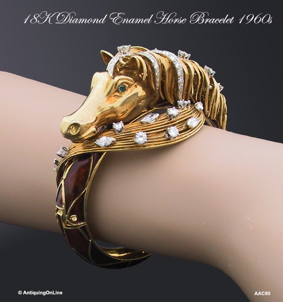 18K Diamond Enamel Horse Bracelet Equestrian Jewelry J.E.