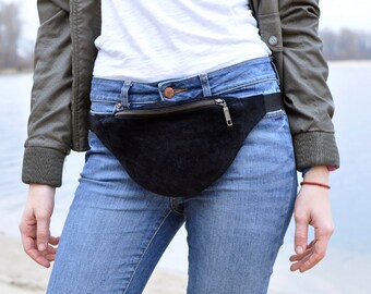 Black suede Waist bag money belt hip bag belt bag fanny pack, genuine suede bum bag, festival bag, gift for her