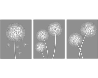 Home Decor Wall Art, Gray Dandelion CANVAS or PRINTS, Bathroom Wall Decor, Grey Bedroom Decor, Dandelion Nursery Wall Art - HOME176