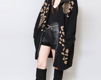 Vintage 1980's Femi Black Leopard Print Cardigan