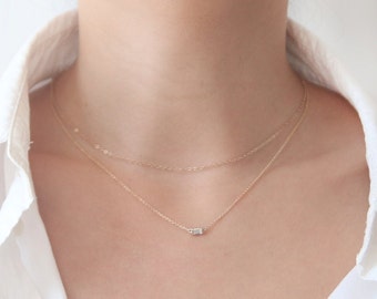 Baguette Diamond Necklace, Diamond Solitaire Necklace, Solid Gold Necklace, 14K Diamond Necklace