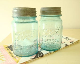 2 vintage Ball jars, pint size Perfect Mason fruit jars, one has 8 ribs, 1930s canning jars, aqua blue Ball jars, cottage style food storage