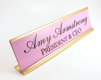 Personalized Desk Name plate nameplate plaque pink with gold Aluminum Holder 2 x 8 inches