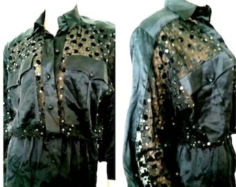 Rare vintage 100% silk Escada blouse with sequin and peek-a-boo pockets