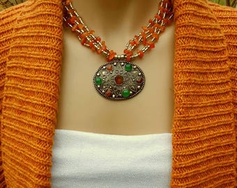 Handmade Muli-layers of glass stone beaded metal Necklace-Multi colored Necklace-Gift for Gift-Vintage Necklace-Tribal Necklace-Gift for her