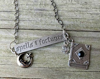 Halloween Spells And Fortunes Inscribed Metal Bar Necklace With Witch, Spell Book, And Moon Charms, Halloween Jewelry, Metal Necklace