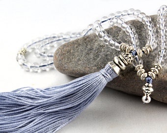 Mala de quartz, Mala en perles, perles de prière, Mala pierres gemmes, Mala 108 perles, pompon Mala, collier pompon, Crystal Mala, bijou Yoga, Zen