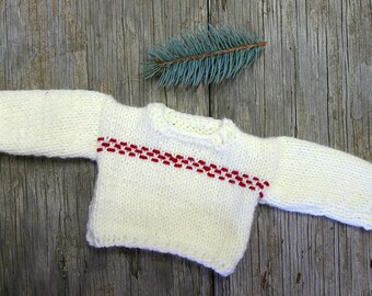 Doll Sweater- Cream, White, Red Embroidery- Hand Knitted- Fits 15 Inch Build A Bear, American Girl- Ready To Ship- 5 Inches Across Chest