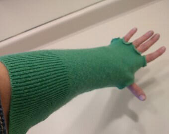 Recycled cashmere fingerless gloves, arm warmers, cashmere mitts, long mittens, green, shamrock, St. Patrick's Day, recycled sweaters