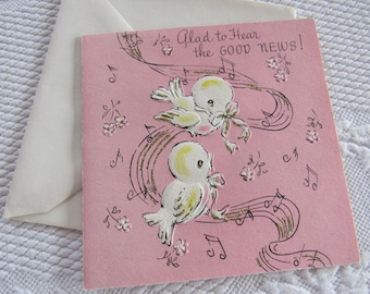 Unused Vintage 1950s GET WELL Good News Greeting Card Good Health Little Birds Singing Pink Flowers