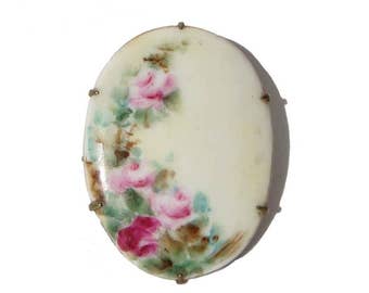 Vintage Edwardian Rose Brooch Antique Hand Painted Floral Porcelain Pin