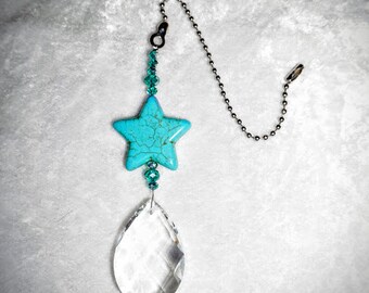 Large Drop Crystal Pendant, Turquoise Star, Ceiling Fan Pull, Crystal Fan Pull, Unique Light Chain Pulls, Free Shipping