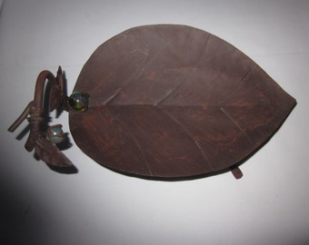 Metal Leaf Stand Sculpture on Three Feet with Glass Marble Decorations, hand made, Home or Office Decor