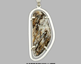 RARE Astrophyllite Stone Pendant |Golden Brown White Black Astrophyllite Gemstone Pendant | .925 Sterling Silver Pendant
