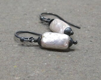 White Pearl Earrings Geometric Jewelry Oxidized Sterling Silver Earrings June Birthstone
