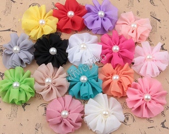 10 pcs 6 cm Chiffon Flower With Pearl Center, Folded Flower, Fabric Flower, Headband Flower, Diy Hair Accessories