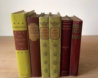 Book Bundle, Chartreuse Green Vintage Books, Distressed book set, shelf decor, instant library, Collection of Vintage Books