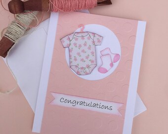 Baby Girl Card, Congratulations Baby Card, Baby Card, Pink Baby Card, Onesie on Card, Cute Baby Card
