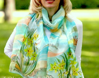 Long silk scarf Hand painted Gift for women Daffodils silk scarf Pale green scarf Green silk scarf Teal silk scarf Wedding silk scarf Batik
