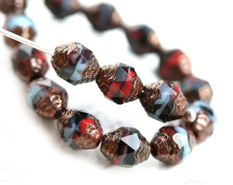 15pc Cathedral Czech Glass beads, Luxury Black Red Blue Golden Ends, barrel beads, fire polished - 8x6mm - 0277