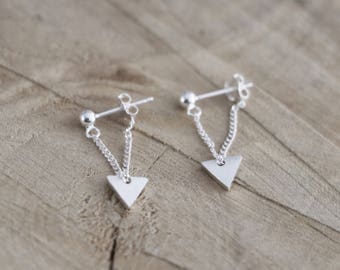 Triangle Chain Ball Studs | Dangle Chain Earrings | Sterling Silver Triangle Thread Earring | Ball Chain Studs | Dangle Triangle Ball Studs