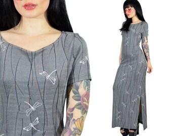 vintage 90s slinky maxi dress DRAGONFLY print gray stretchy dress soft grunge cyber club kidd bodycon nylon medium
