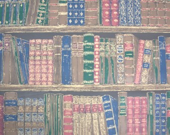 Retro Wallpaper by the yard 90s Vintage Wallpaper - 1990s Books on Shelves, Blue Burgundy Green and Brown Library