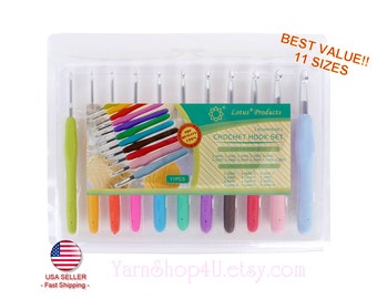 11pc Crochet Hooks Set. Big Set of Soft Comfort Grip Handle. 11 Crochet Hook Sizes 2-8mm common U.S sizes = GHIJKL. USA Seller ships FAST!