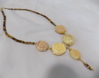 Carved Calcite Medallions and Tiger Eye Chiclet Necklace
