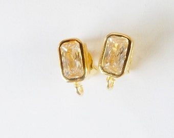 1 pair (2 pcs) Gold vermeil rectangle cz stud earring finding with one loop, cz post earrings (6.5x4mm), gold plated sterling silver