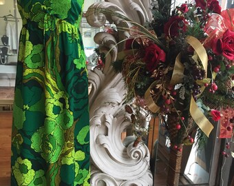 Vintage 1960s 1970s Green Floral Hawaiian Empire Waist Maxi Dress 34 Bust