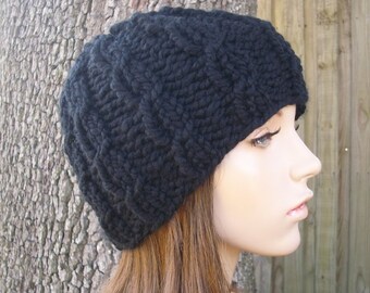 Black Cable Beanie Chunky Knit Hat Black Womens Hat Black Mens Hat - Black Hat Black Beanie Black Cable Hat Womens Accessories Winter Hat