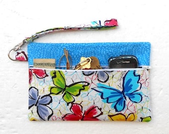 Blue Butterflies Wristlet, Butterfly Clutch, Wallet With Strap, Cell Phone Holder, Makeup or Camera Pouch, Front Zippered Purse, Clutch Bag
