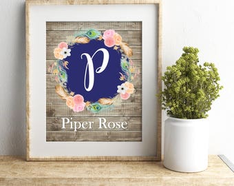 Personalized Baby Girl Nursery Wall Art Boho Nursery Wall Decor Baby Shower Gift for Baby Pink Gray Navy Nursery
