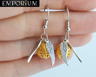 Golden Snitch Earrings - Gold Ball & Silver Wings Hooks - Potterhead Jewelry