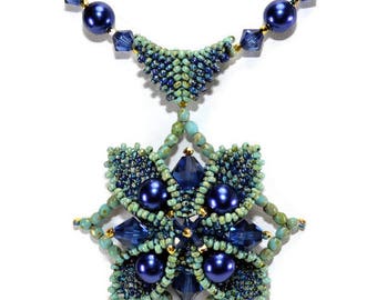 Swarovski crystals and pearls nestled in a peyote seed bead base creating a 3-dimensional star - Constellation Pendant - PDF Beading Pattern