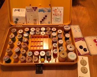 LOT- VINTAGE thread keeper, wooden spools, vintage wooden spools, CLARKS, Belding, antique buttons, coats and Clark, Hercules threads,