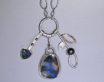 Boulder Opal Necklace in Silver and Gold, Blue Australian Opal Multi Stone Necklace, Statement Necklace with Opal and Long Chain