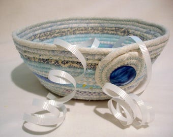Handmade Baby Shower Blue Coiled Fabric Bowl, Coiled Fabric Basket