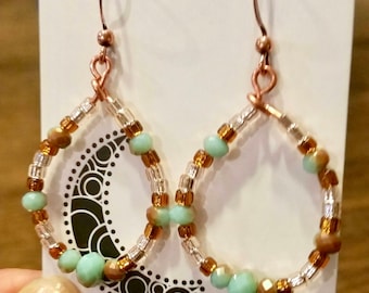 Copper Hoop Earrings, with faceted Turquoise glass beads, Southwestern brown and silver glass accents