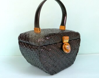 Vintage Koret Black Woven Wicker Box Purse/Black Wicker Handbag/1960's Koret Wicker Box Purse