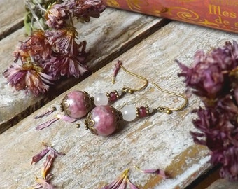 Bronze earrings pink rhodolite Garnet Moonstone and quartz lepidolite: ᘛ .ᘚ spring circles.