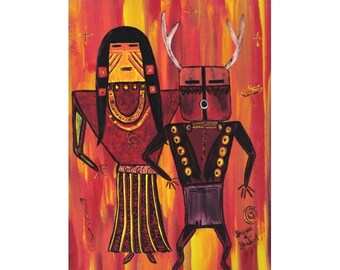 Kachina Tribal Acrylic Painting, Native American, Southwestern Folk Art, Red Yellow Orange, Dance Home Decor, Wall Hanging, Giclee Print