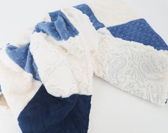 Blue & Ivory Patchwork Minky Baby Blanket - Ready to ship